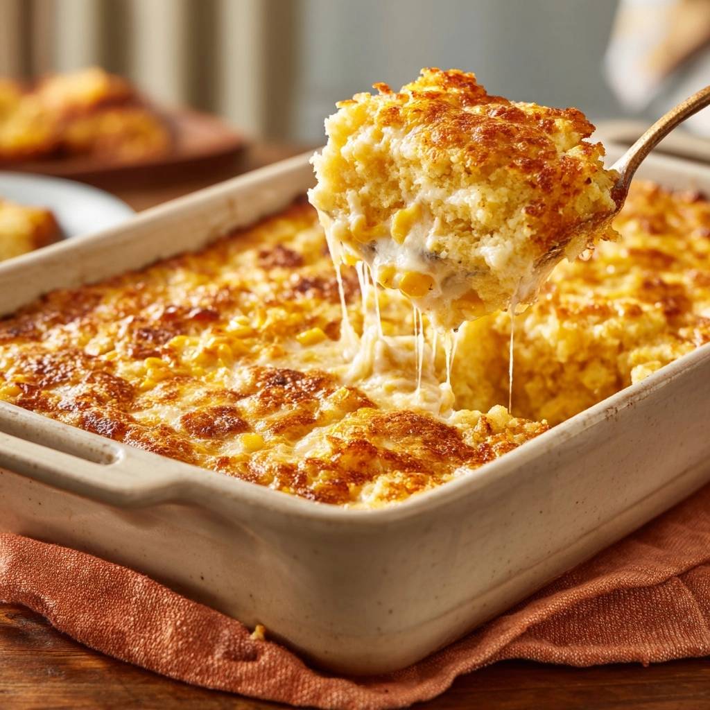 Cheesy corn casserole with a spoonful showing a gooey cheese pull, highlighting its creamy texture.