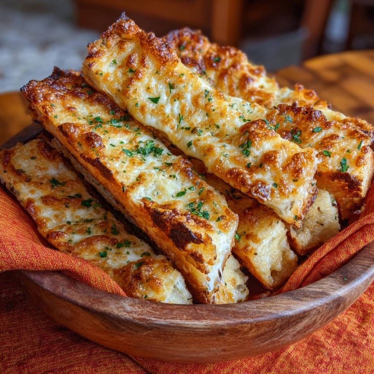 Cheesy garlic bread sticks with a golden, baked cheese topping and fresh parsley garnish.