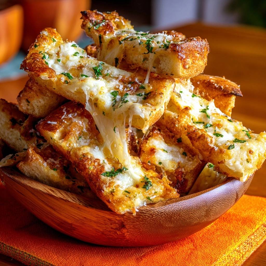 Cheesy garlic bread sticks with a gooey cheese pull, showcasing the melted mozzarella and fresh parsley.