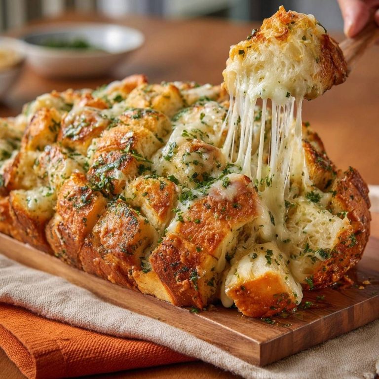 Cheesy garlic pull-apart bread with long strings of melted cheese being pulled from a section.