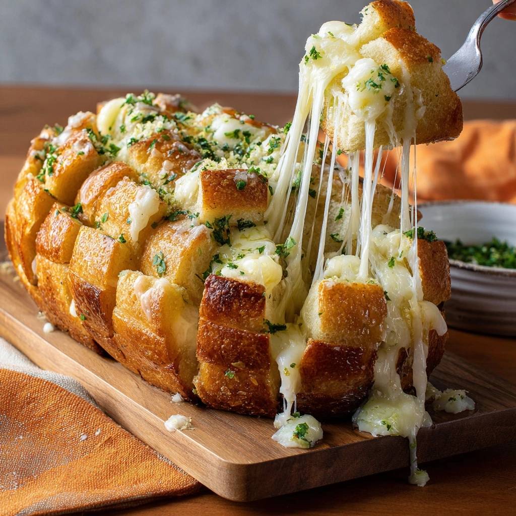 Cheesy garlic pull-apart bread with a fork pulling out a large, gooey cheese strand from the bread.