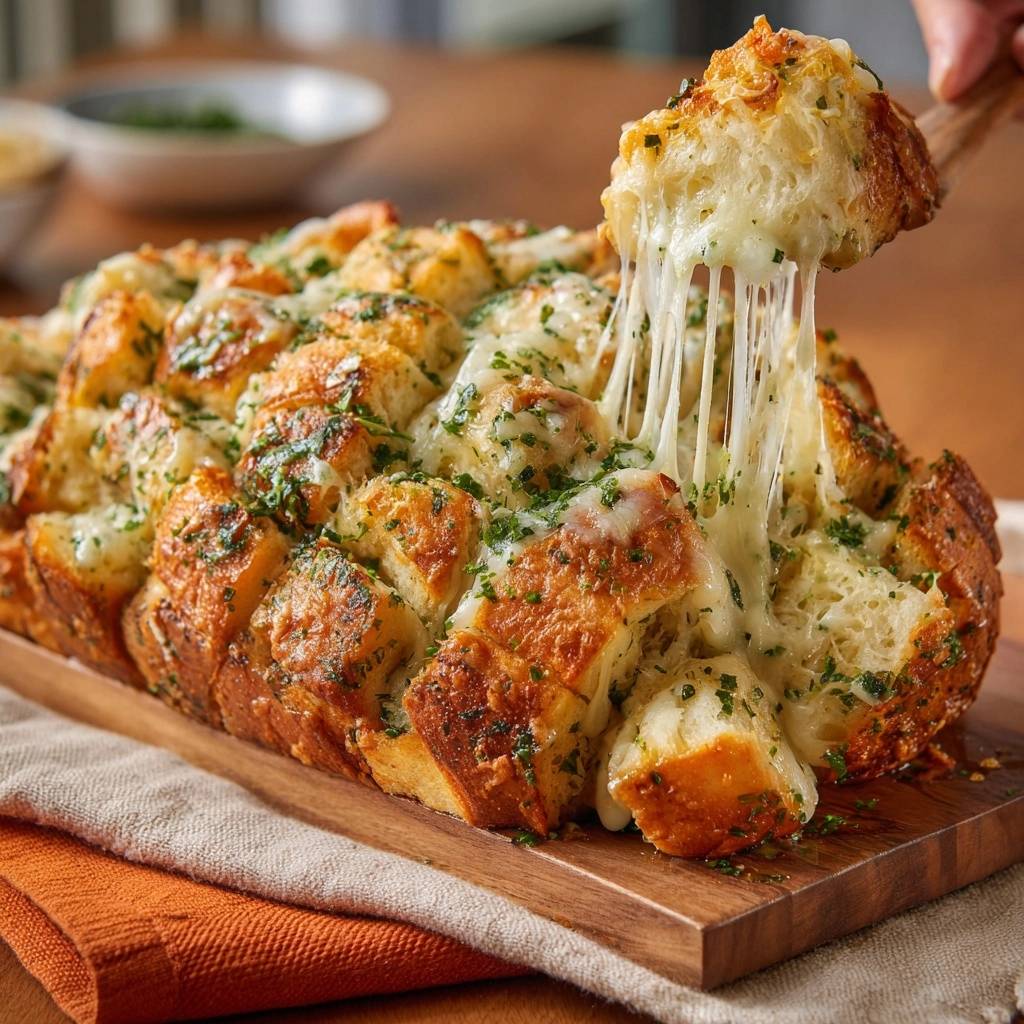 Cheesy garlic pull-apart bread with long strings of melted cheese being pulled from a section.