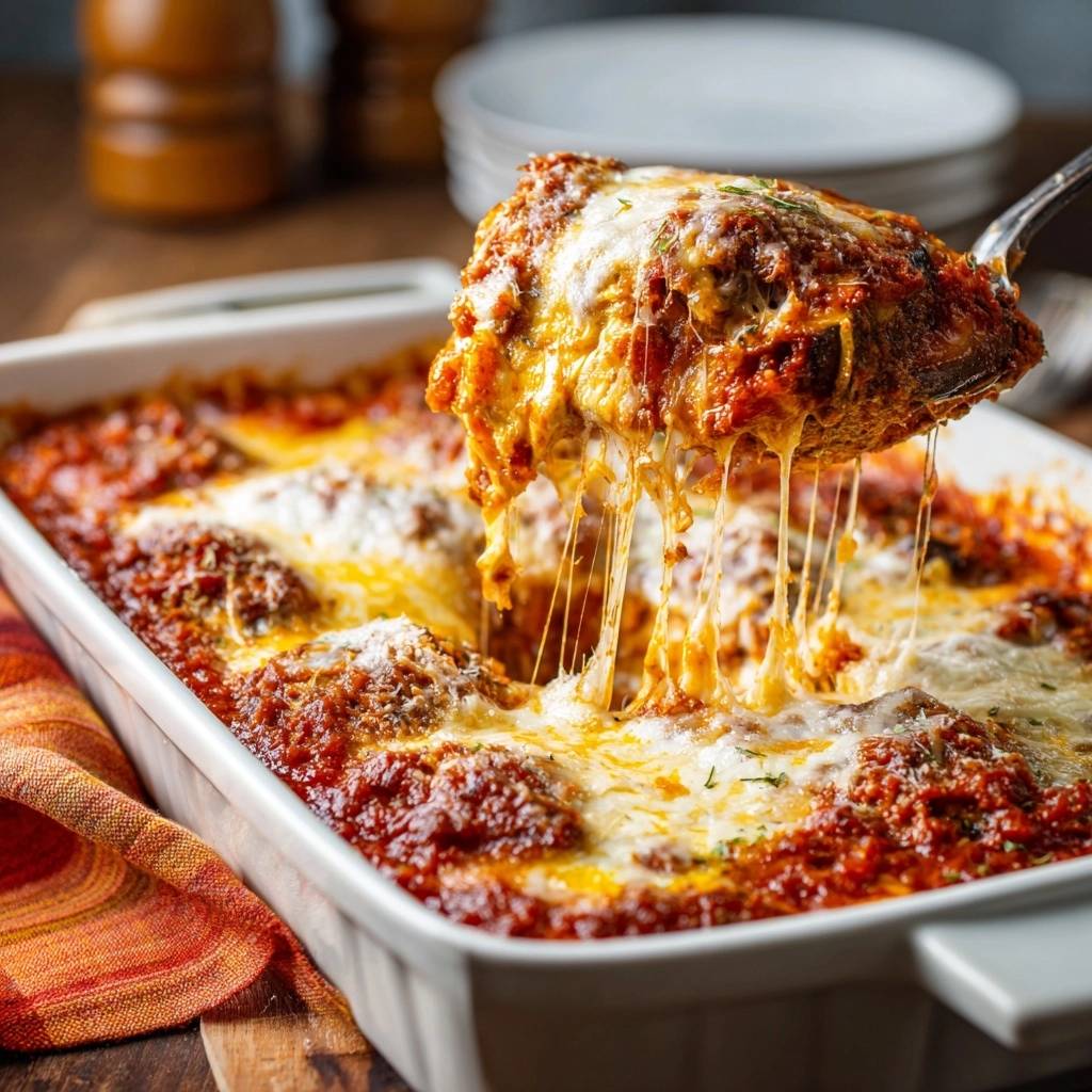 Cheesy meatball marinara bake with a generous cheese pull as a serving is lifted from the dish.