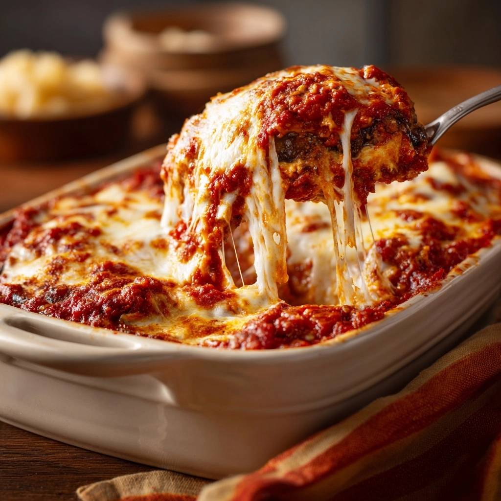Cheesy meatball marinara bake with melted mozzarella cheese stretching as a serving is lifted