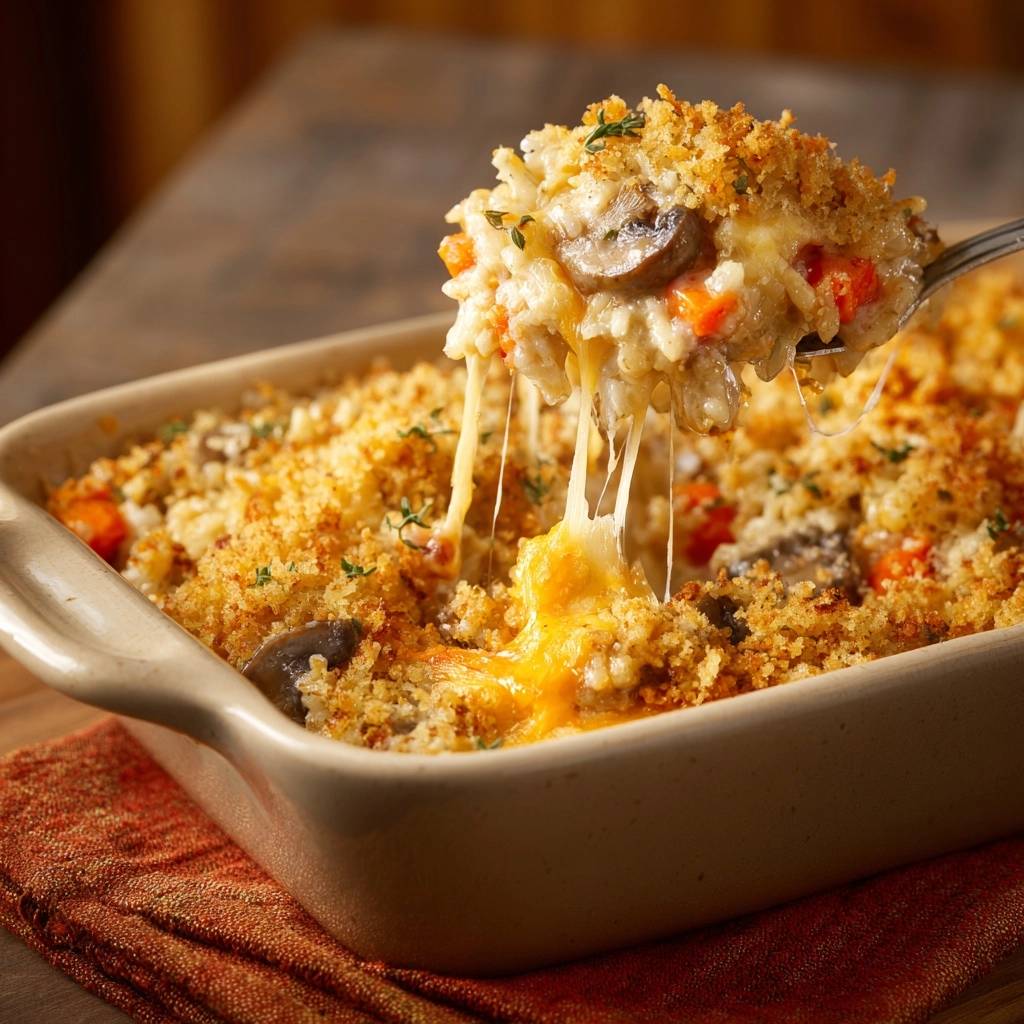 Cheesy mushroom carrot rice casserole with a fork lifting a portion showing a generous cheese pull from the baked dish.