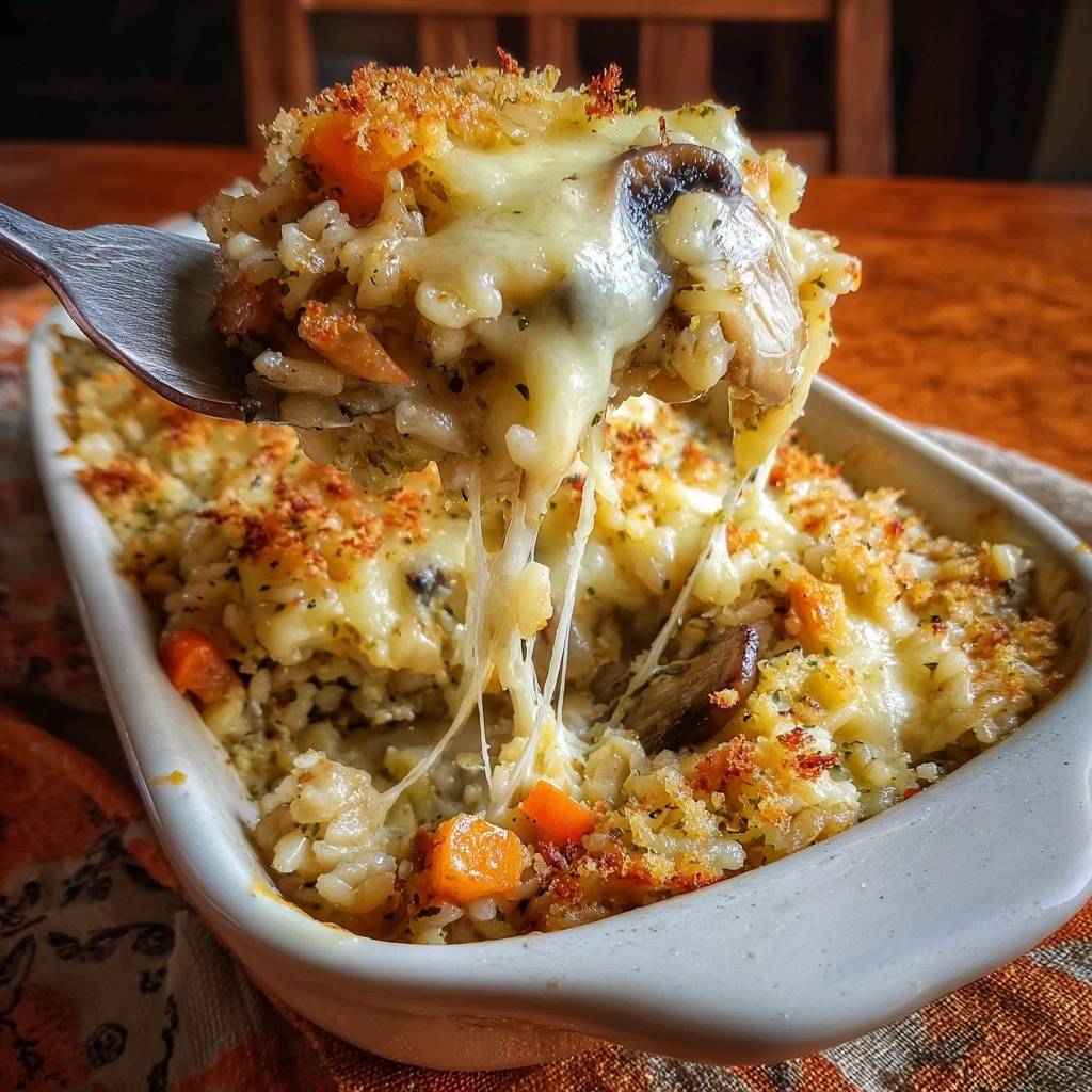 Cheesy mushroom carrot rice casserole being scooped with a spoon, showing gooey cheese strands and a golden topping.