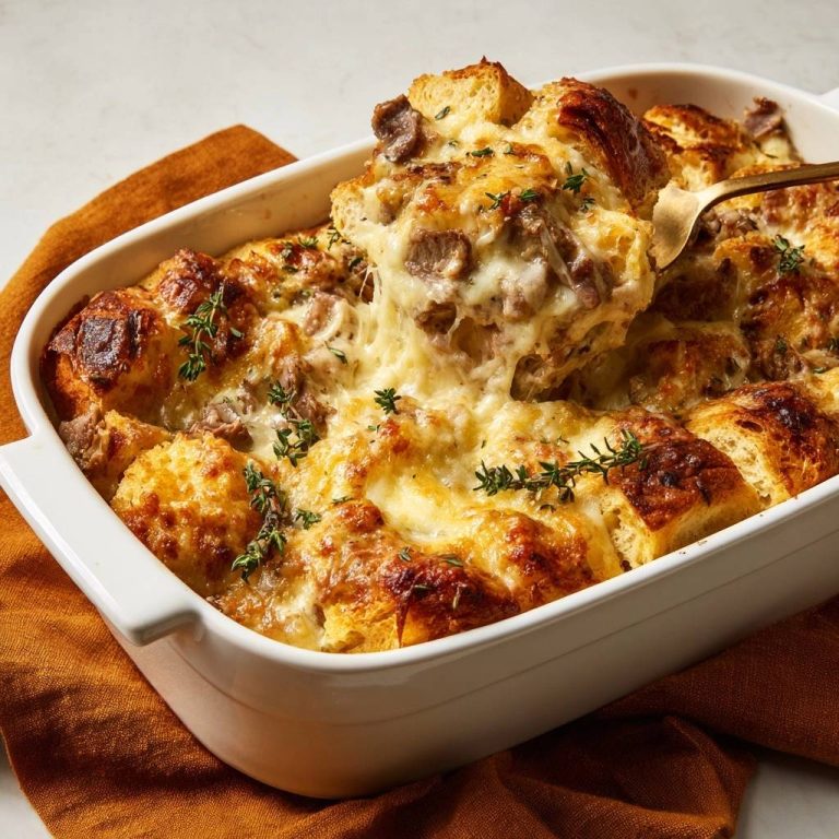Cheesy mushroom pull-apart bread with a serving being lifted out, showing melted cheese and golden-brown bread.