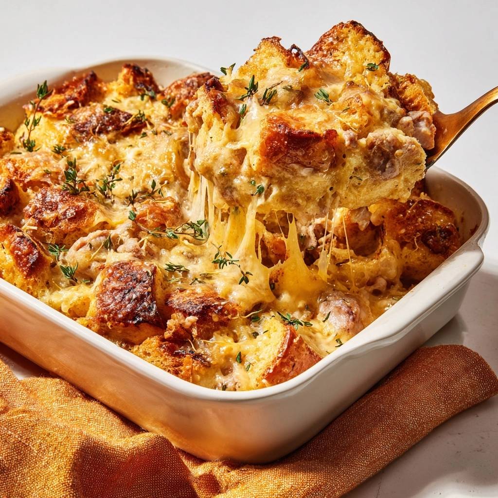 Cheesy mushroom pull-apart bread being served with a scoop showing a gooey cheese pull and fresh thyme garnish.