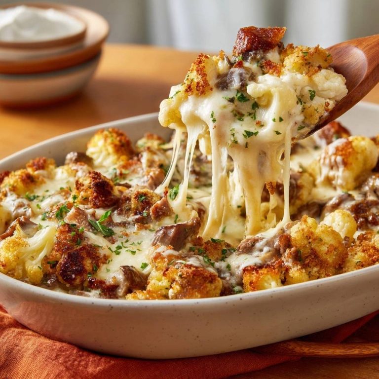 Cheesy roasted cauliflower and beef bake with a gooey cheese pull being lifted by a wooden spoon.