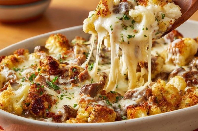 Cheesy Roasted Cauliflower Beef Bake