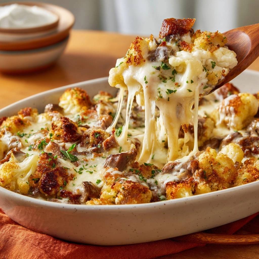 Cheesy roasted cauliflower and beef bake with a gooey cheese pull being lifted by a wooden spoon.