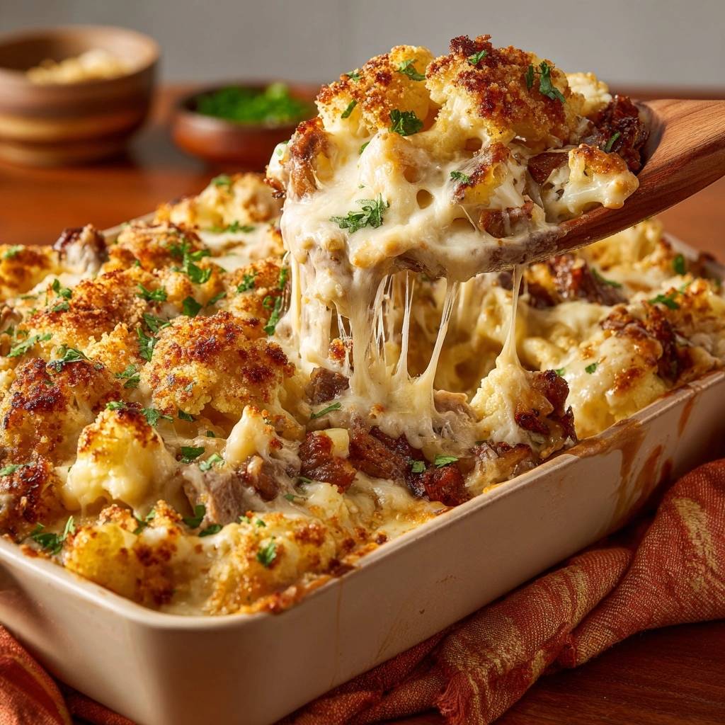 Cheesy roasted cauliflower and beef bake with a spoonful lifting, showing melty cheese strings.