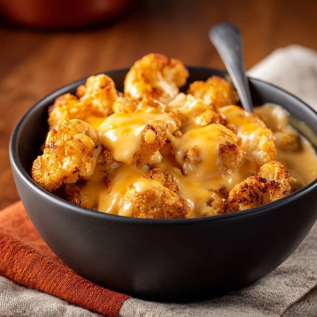 Cheesy roasted cauliflower in a black bowl, showing a close-up view of the tender-crisp florets covered in melted cheese sauce.