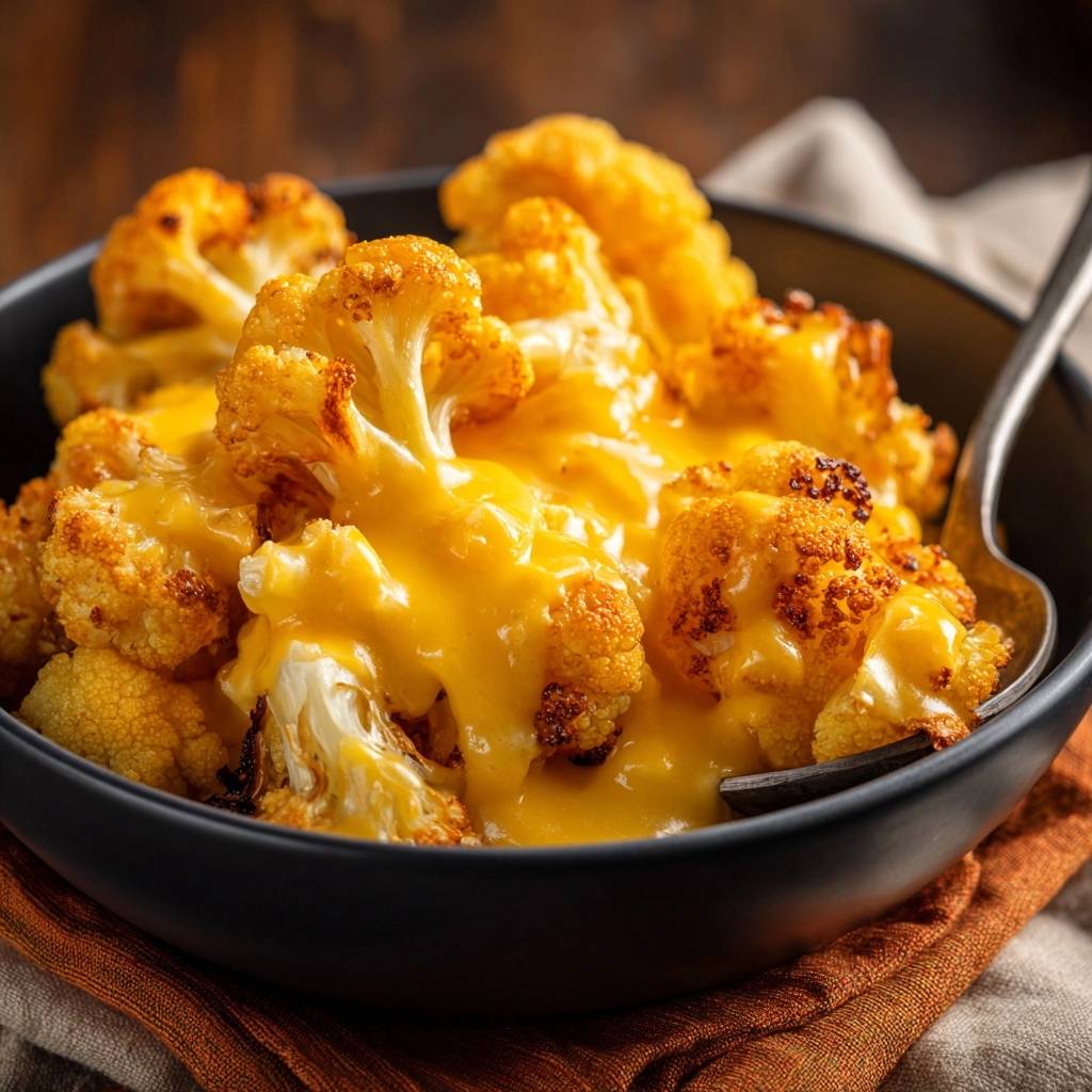 Cheesy roasted cauliflower with a rich melted cheese topping, shown in a close-up detail.