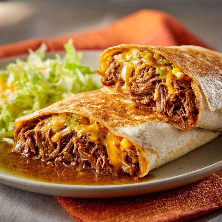 Cheesy shredded beef burritos, cut in half to reveal a juicy interior with melted cheese and corn.