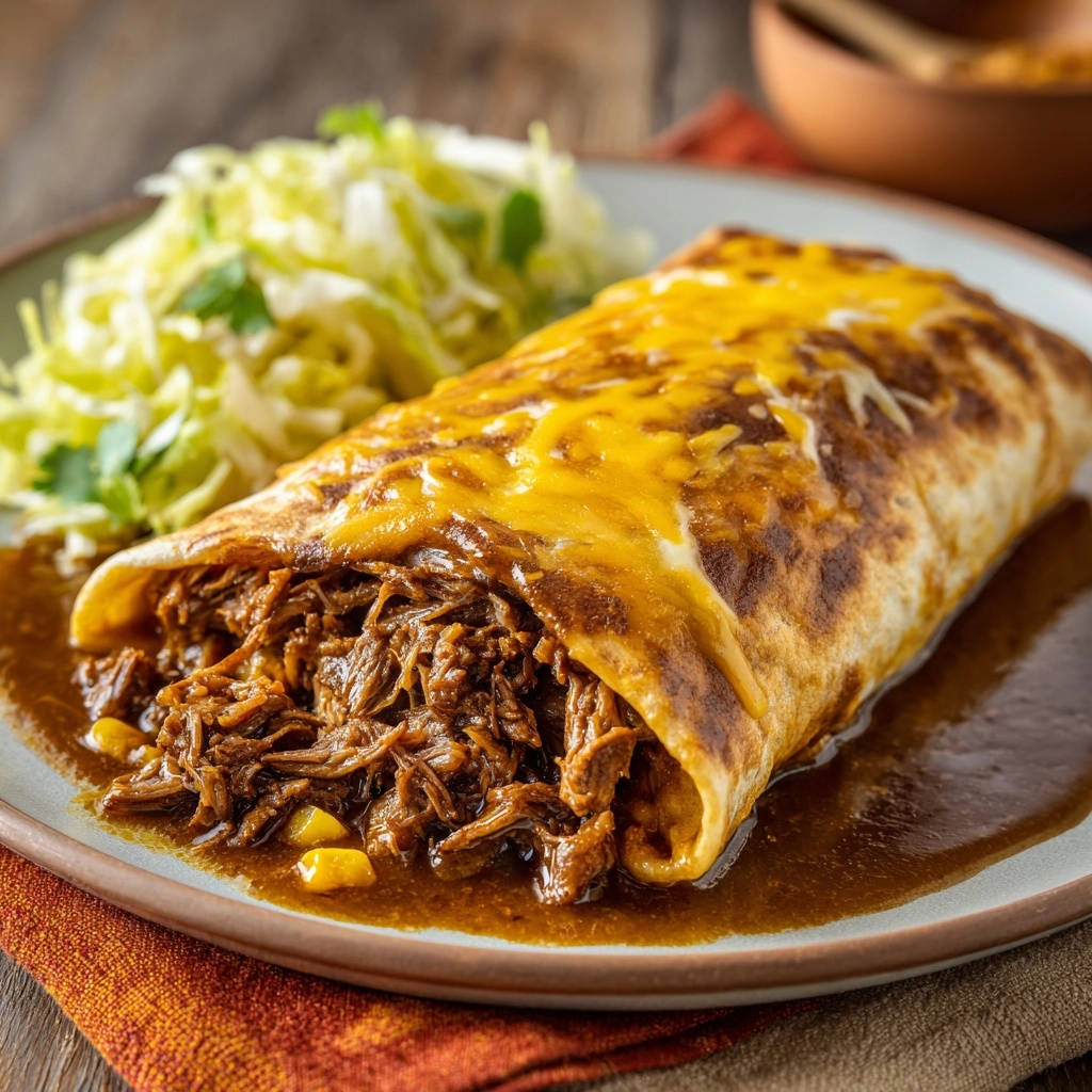 Cheesy shredded beef burritos cross-section showing tender meat and sauce, served with fresh coleslaw on a plate.
