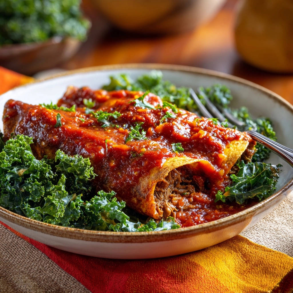 Cheesy shredded beef enchiladas shown in a close-up cross-section, revealing the tender shredded beef filling and rich red sauce.