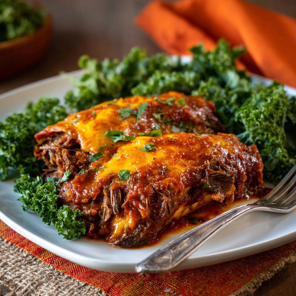 Cheesy shredded beef enchiladas plated with a side of vibrant green kale, topped with melted cheese and fresh parsley.