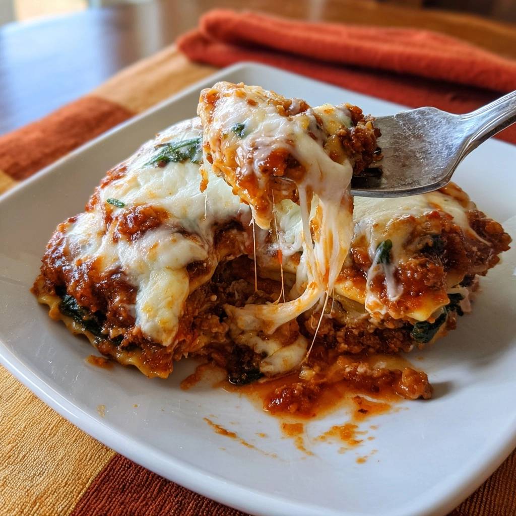 Cheesy spinach beef lasagna with a fork pulling up a gooey, cheesy slice, showing the rich layers.