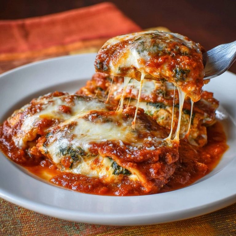 Cheesy spinach manicotti with a fork pulling up a serving with a prominent cheese pull.