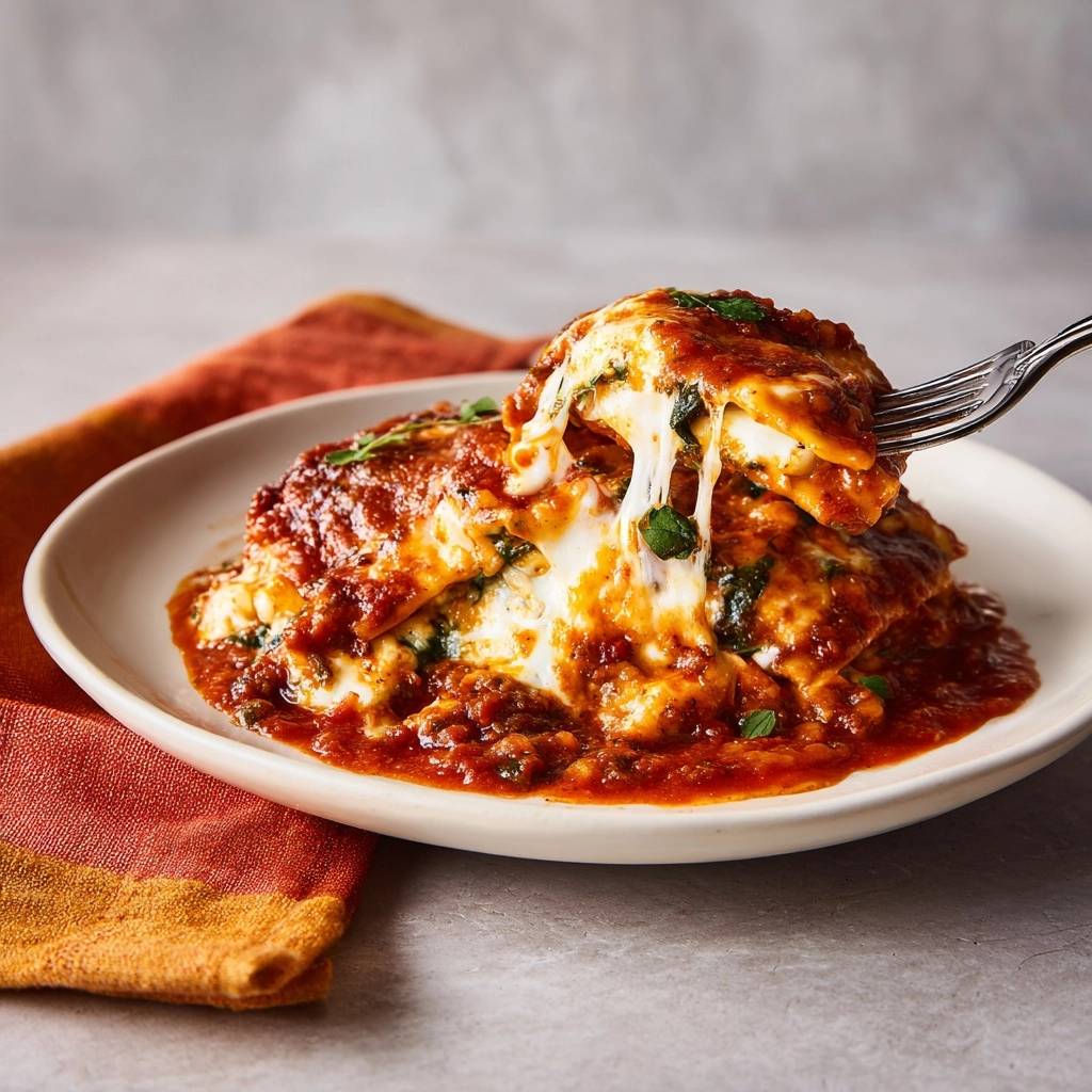Cheesy spinach manicotti with a fork pulling up a cheesy, saucy portion, showing the layered filling.