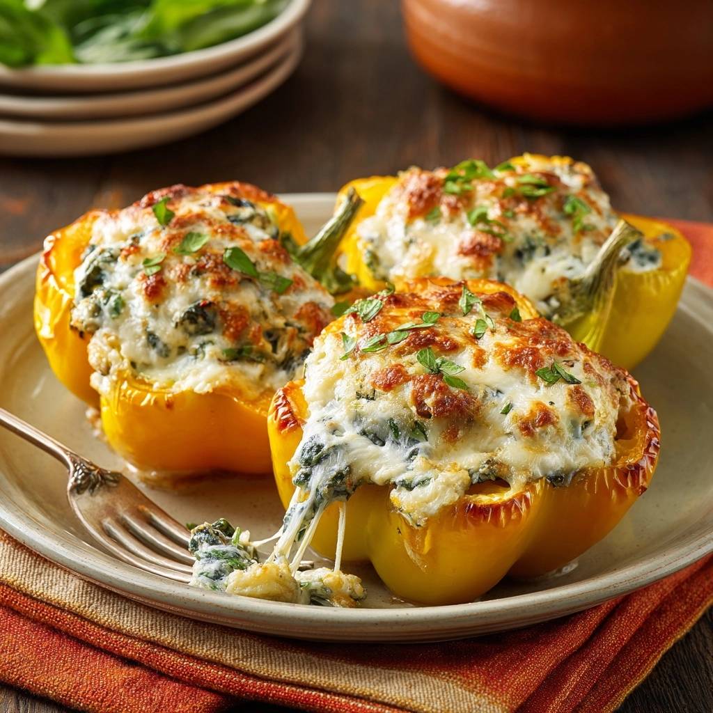 Cheesy spinach stuffed peppers showing a gooey interior pull with melted cheese on a plate.