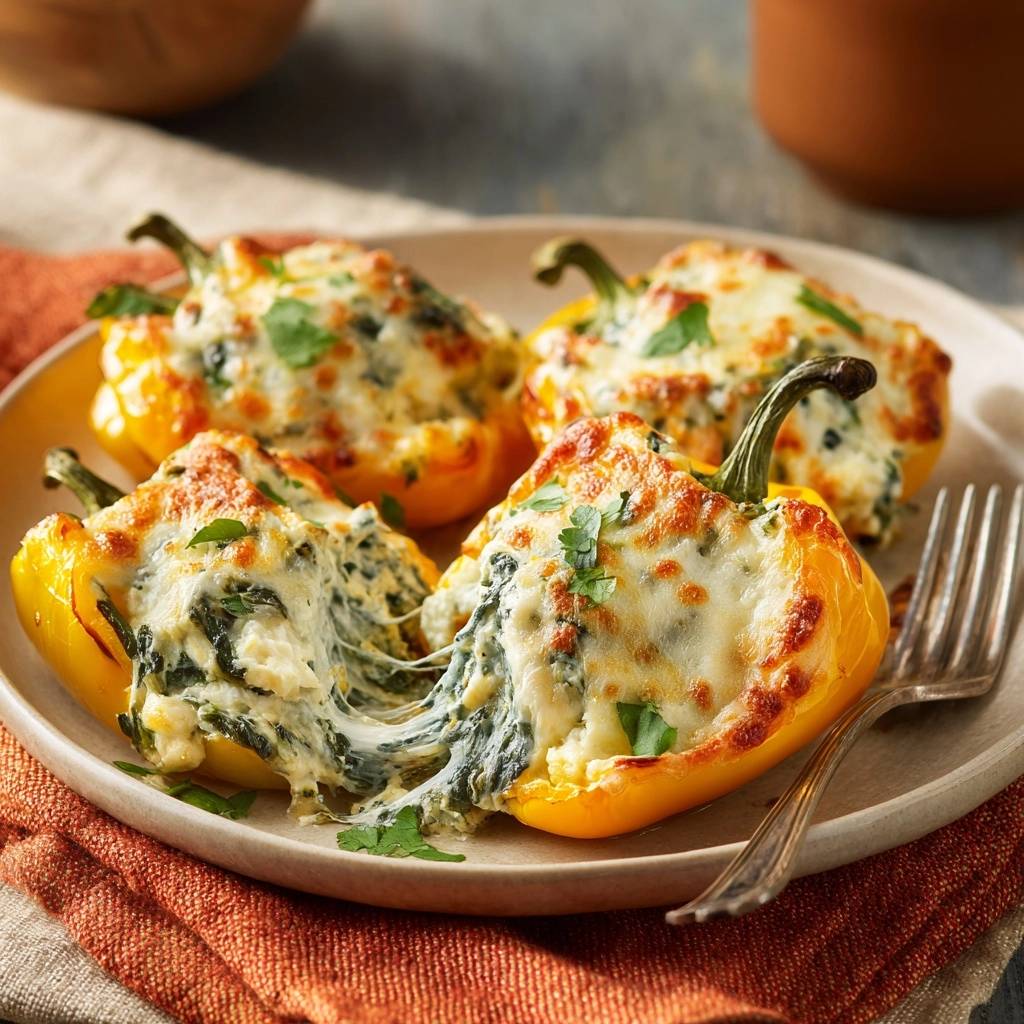 Cheesy spinach stuffed peppers showing a gooey interior with melted cheese stretching out, garnished with parsley.