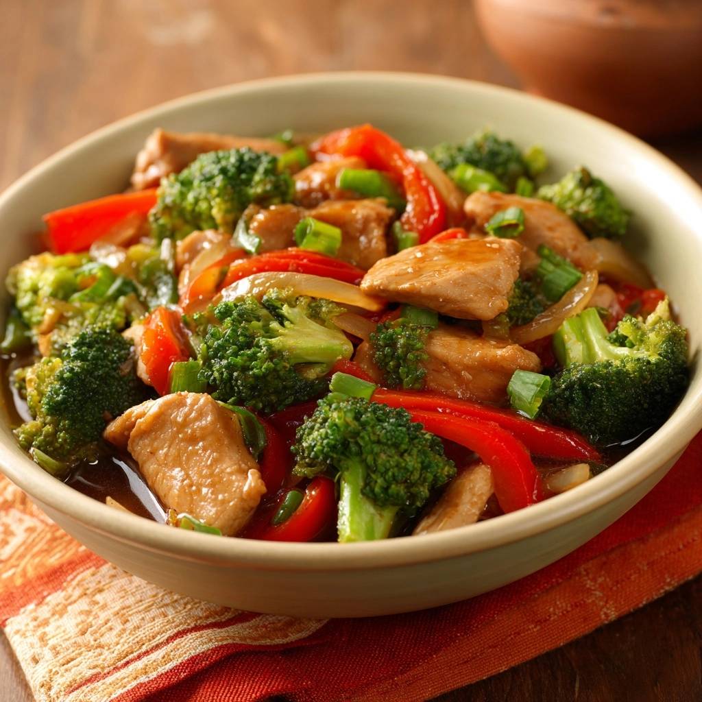 Chicken Broccoli Stir-Fry served in a light green bowl, showcasing tender chicken, vibrant broccoli florets, and red bell peppers.