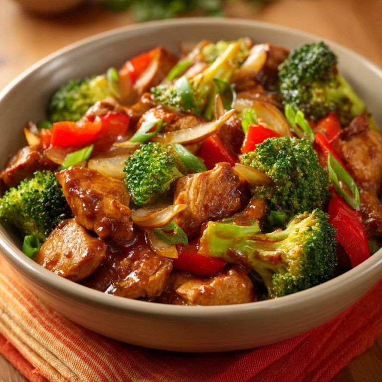 Chicken broccoli stir-fry featuring tender chicken and vibrant vegetables in a rich sauce, presented in a close-up bowl view.
