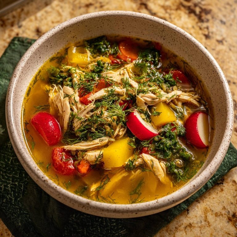 Hearty Chicken & Dill Soup presented in a close-up bowl with visible chicken, radishes, and dill garnish.