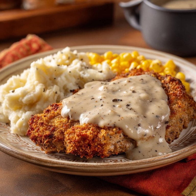Crispy chicken fried chicken plated with mashed potatoes and corn, topped with creamy gravy.