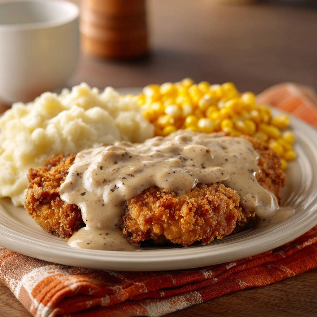 Chicken fried chicken plated with mashed potatoes, corn, and gravy, showcasing its golden-brown coating.