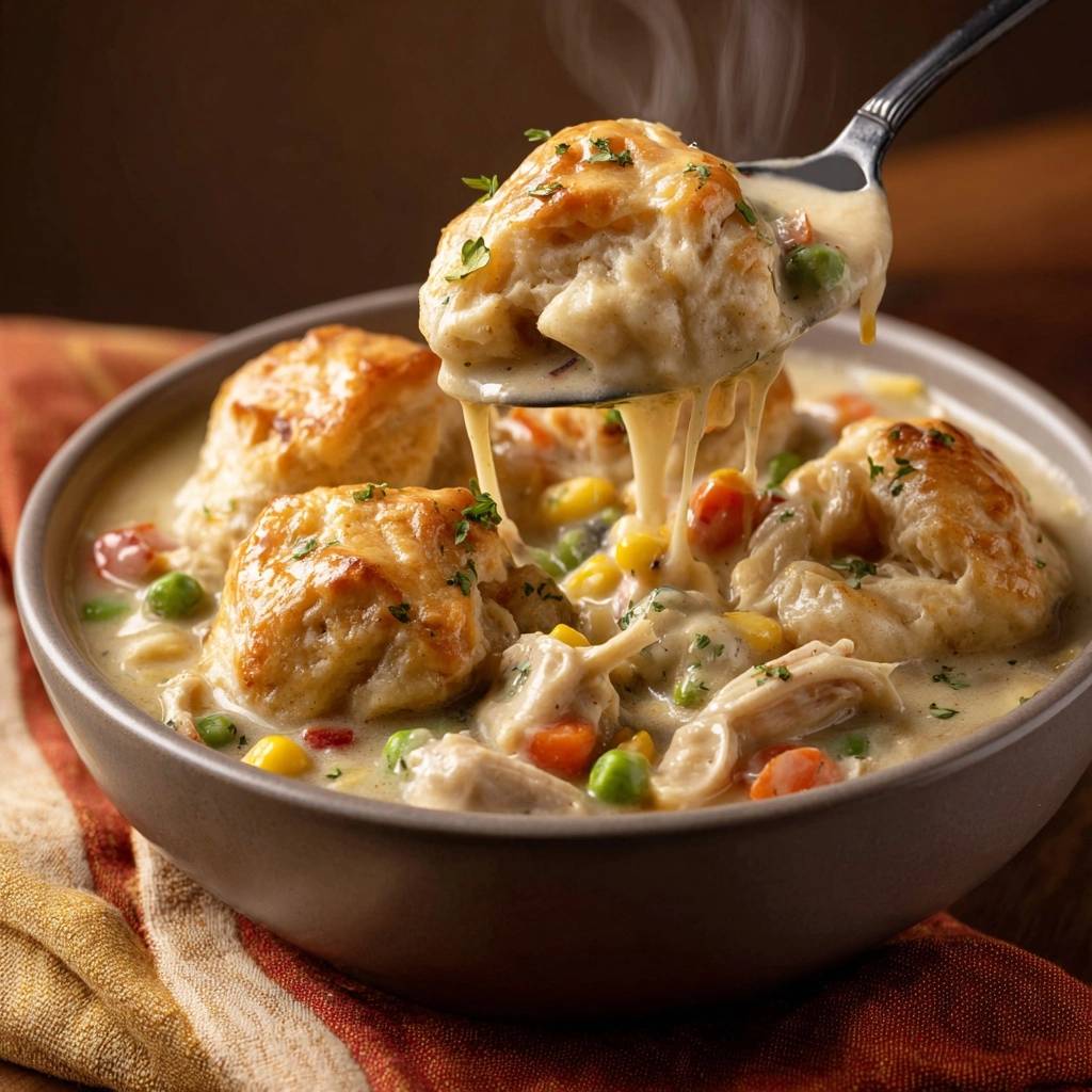 Chicken pot pie soup with crispy oven-baked biscuits is scooped up on a spoon, showing the creamy texture and vegetables.
