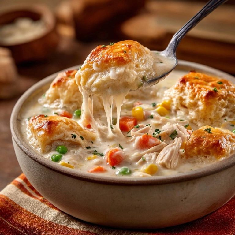 Chicken pot pie soup with oven-baked biscuits, a spoon scooping a cheesy, creamy bite.