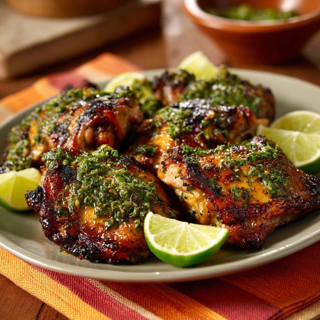Chimichurri chicken thighs with crispy grilled skin served on a platter with fresh lime wedges as a garnish.