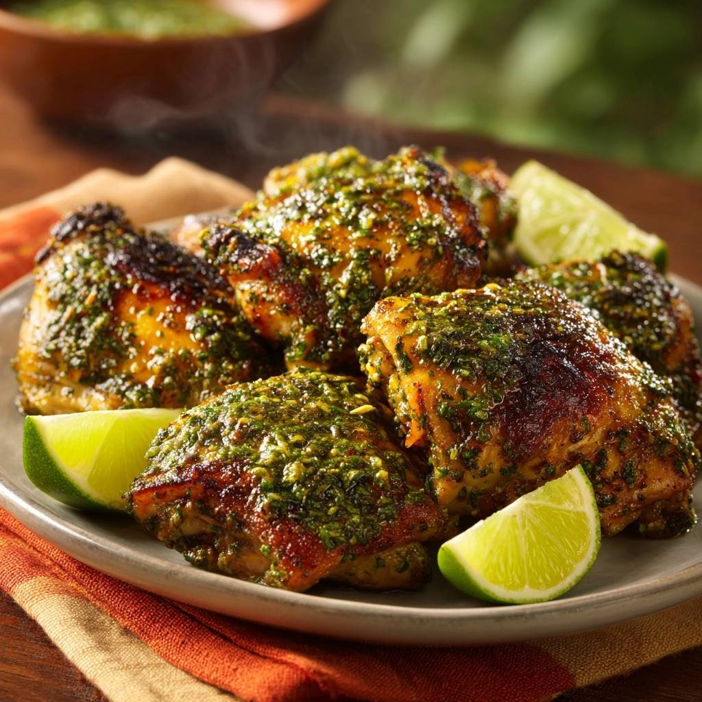 Chimichurri chicken thighs with crispy grilled skin, plated with lime wedges and steaming on a rustic table.