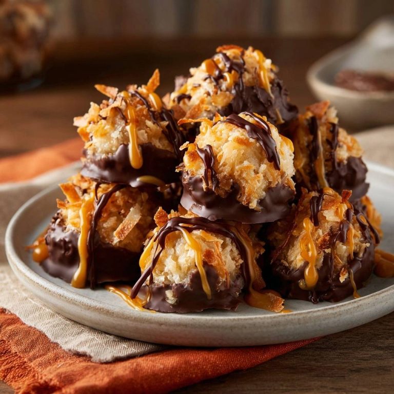 Chocolate caramel coconut macaroons drizzled with dark chocolate and caramel sauce on a plate.