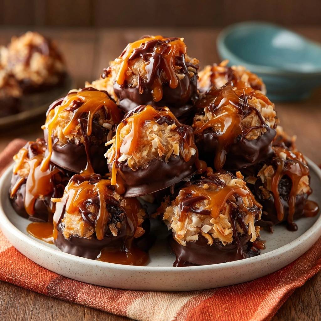 Chocolate caramel coconut macaroons are piled high on a plate, generously drizzled with caramel and chocolate sauce.