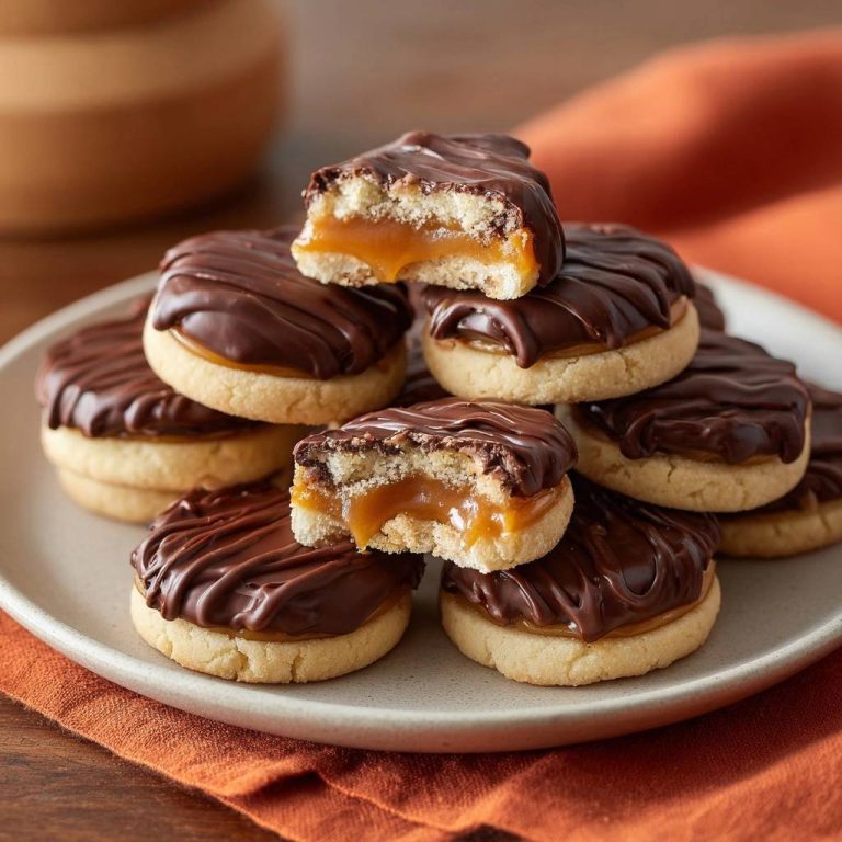 Chocolate-dipped caramel shortbread cookies recipe, showing a close-up cross-section with gooey caramel filling.