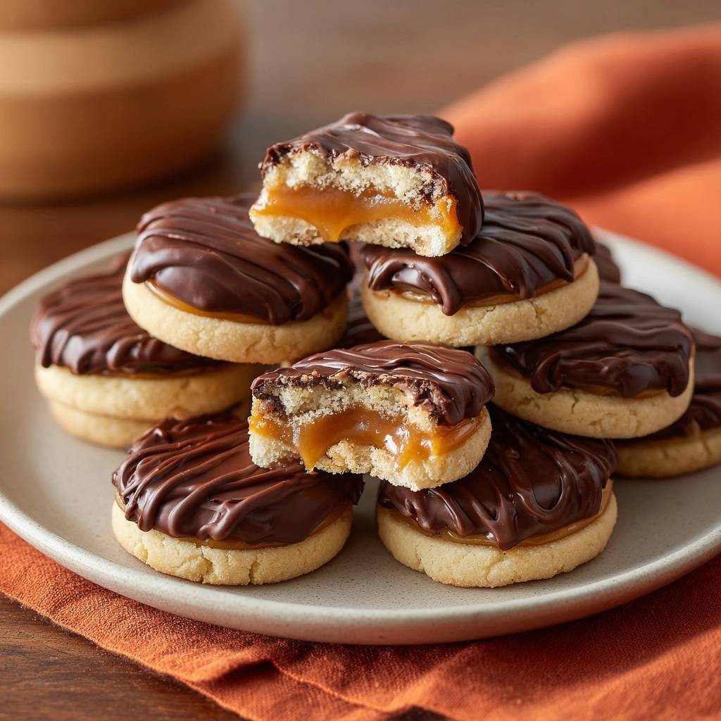Chocolate-dipped caramel shortbread cookies recipe, showing a close-up cross-section with gooey caramel filling.
