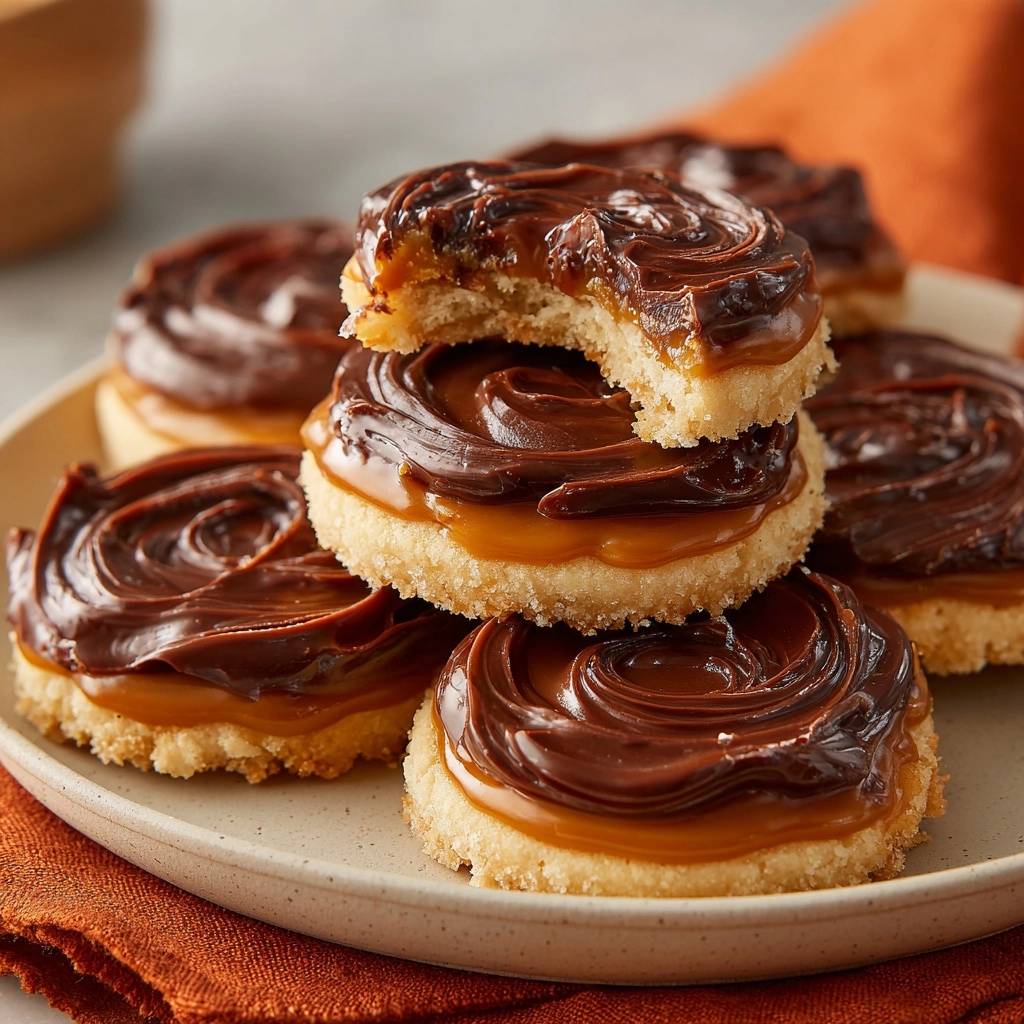 Chocolate-dipped caramel shortbread cookies showing a bite taken out, revealing the caramel and shortbread layers.