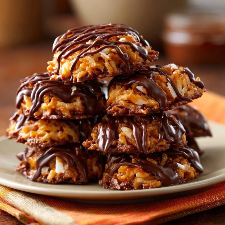 Chocolate drizzled coconut macaroons stacked high on a plate, showcasing their textured tops and rich chocolate drizzle.