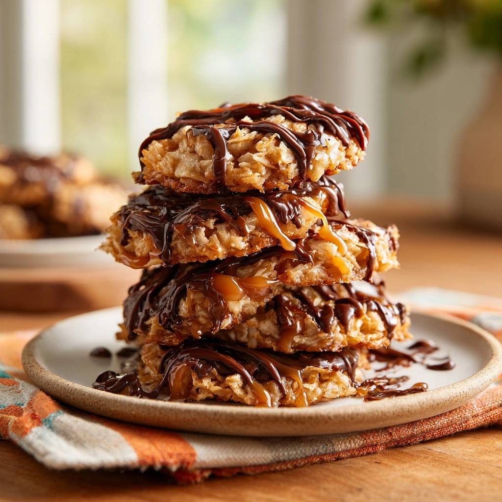 Chocolate drizzled coconut macaroons stacked high on a plate, drizzled with extra chocolate and caramel.