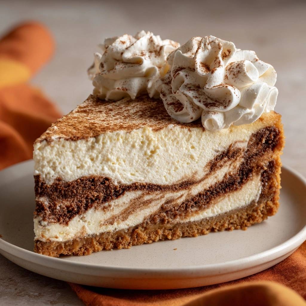 Cinnamon swirl cheesecake served as a plated slice, showcasing its creamy interior and chocolate marbling.