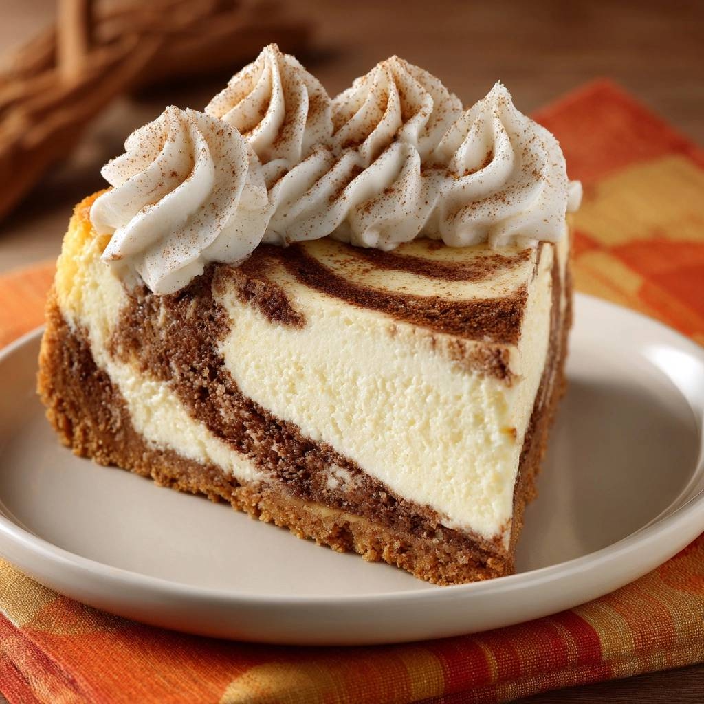 Cinnamon swirl cheesecake served as a plated slice, topped with whipped cream and a dusting of cinnamon.