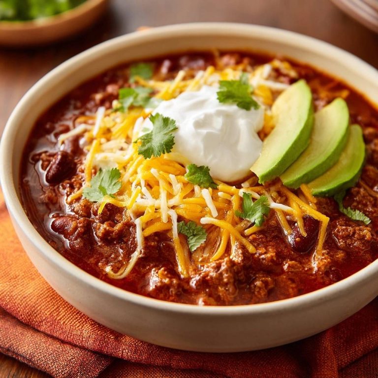 Classic beef & bean chili with a dollop of sour cream, shredded cheese, and avocado slices.