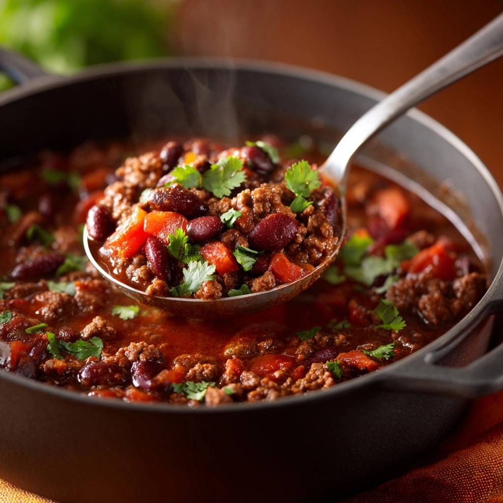 Classic beef & bean chili scooped into a ladle, showing rich texture and fresh cilantro garnish.