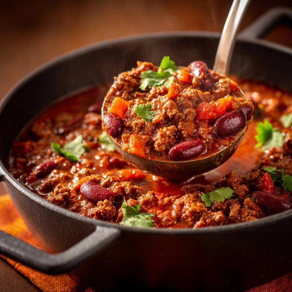 Classic beef & bean chili scooped with a ladle, showing ground beef, kidney beans, and cilantro in a cast iron pot.