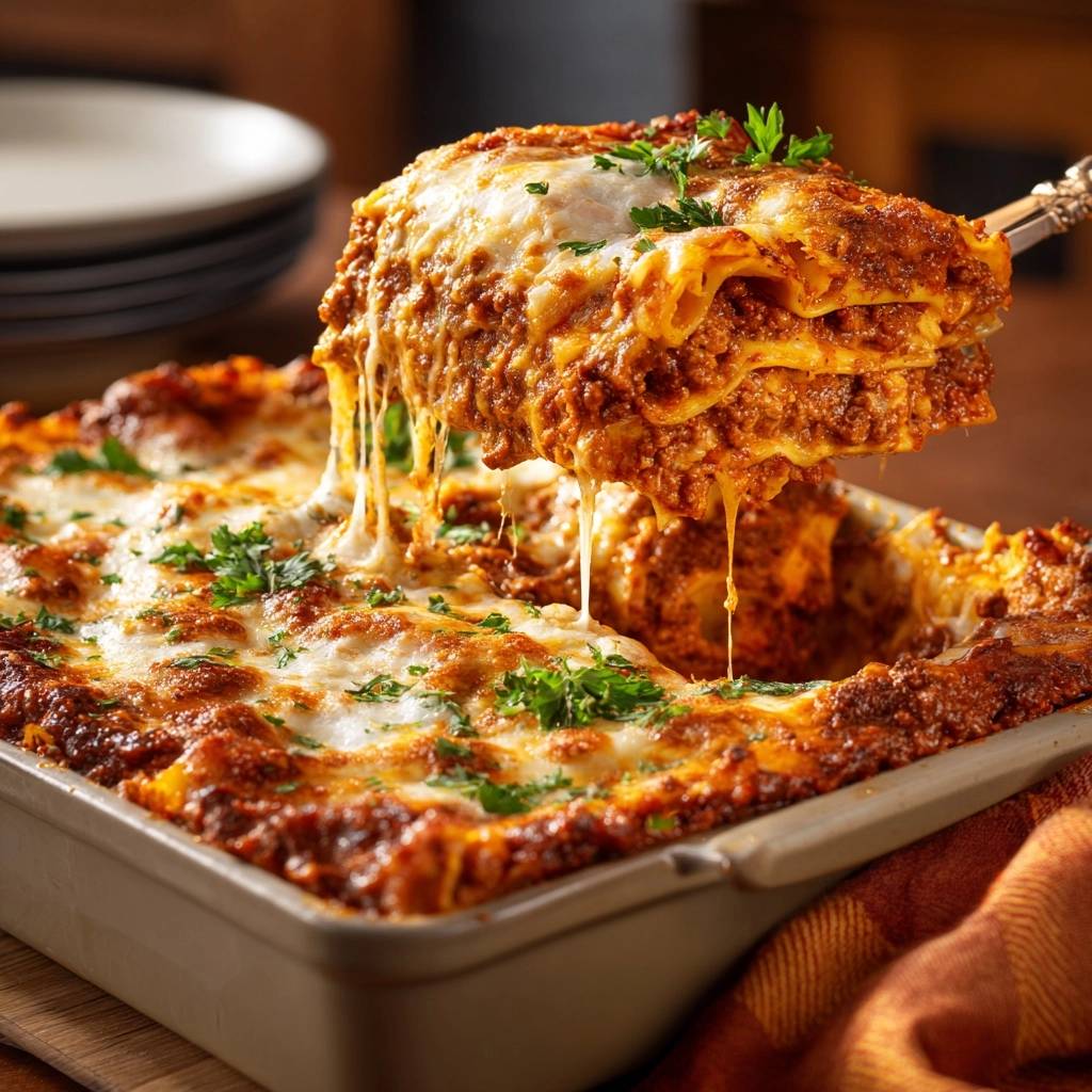 Classic beef lasagna with a cheesy slice being lifted, showing layers of pasta and meat sauce.