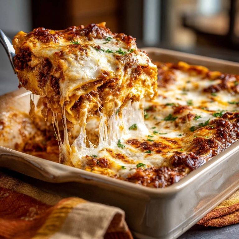 Classic beef lasagna being lifted from the pan, showing layers of pasta, meat sauce, and melted cheese.